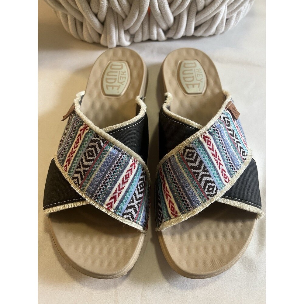 HEY DUDE Christi Slide Festival Sandals Women's Size 8 Multi Color Geometric EUC